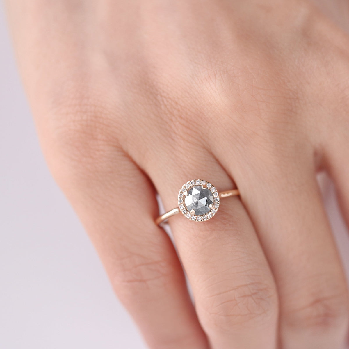 Round Halo Salt and Pepper Diamond Ring by Jamie Park Jewelry