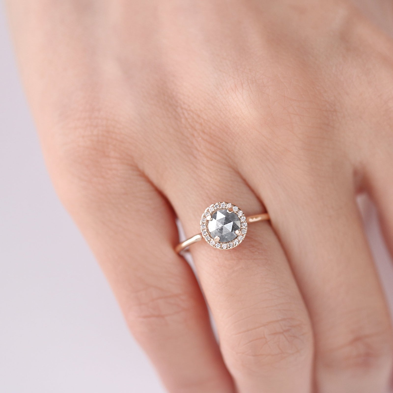Round Halo Salt and Pepper Diamond Ring by Jamie Park Jewelry