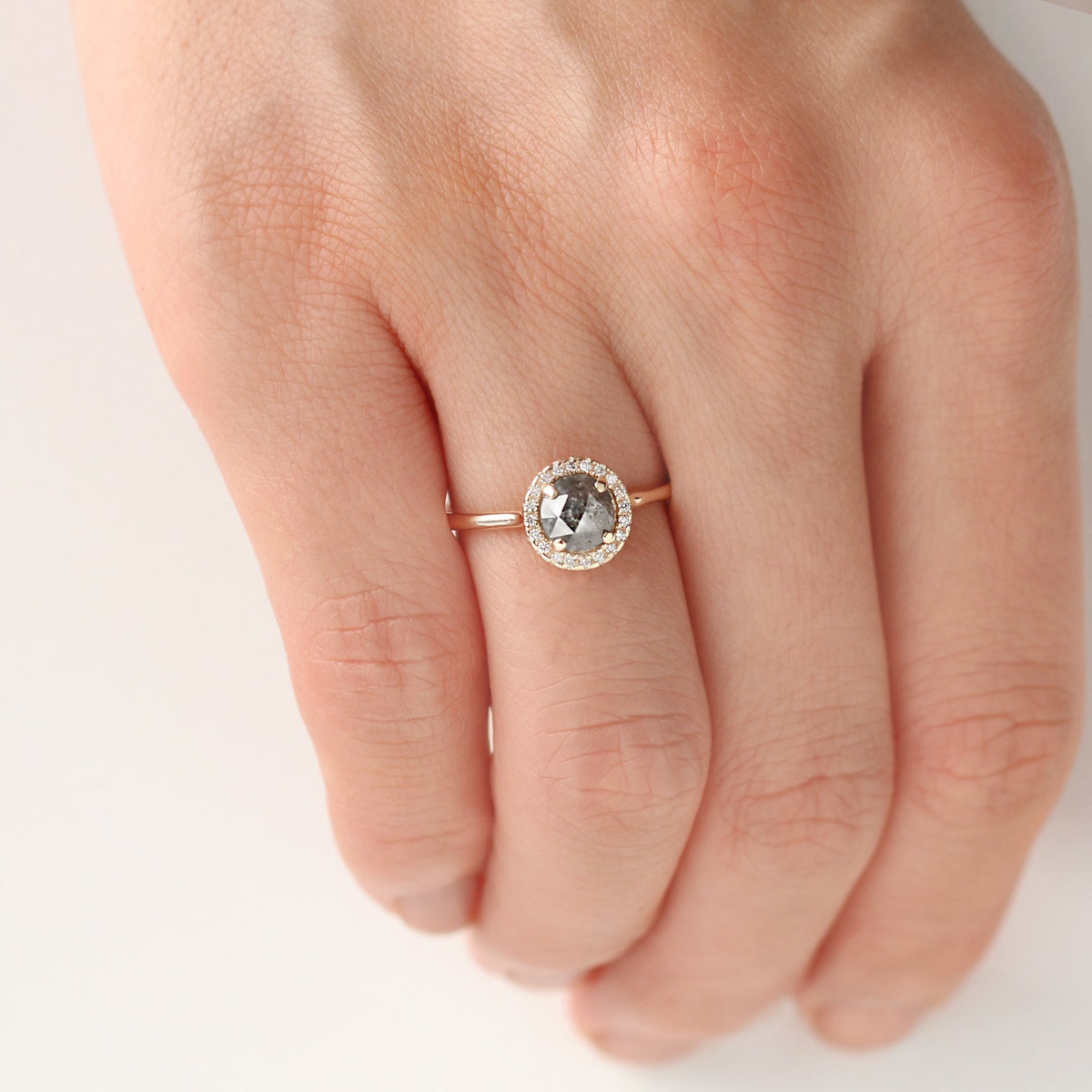 Round Halo Salt and Pepper Diamond Ring by Jamie Park Jewelry