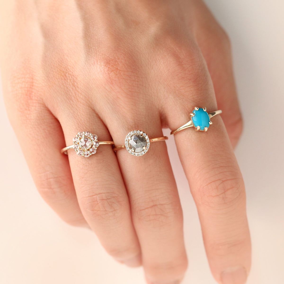 Round Halo Salt and Pepper Diamond Ring by Jamie Park Jewelry