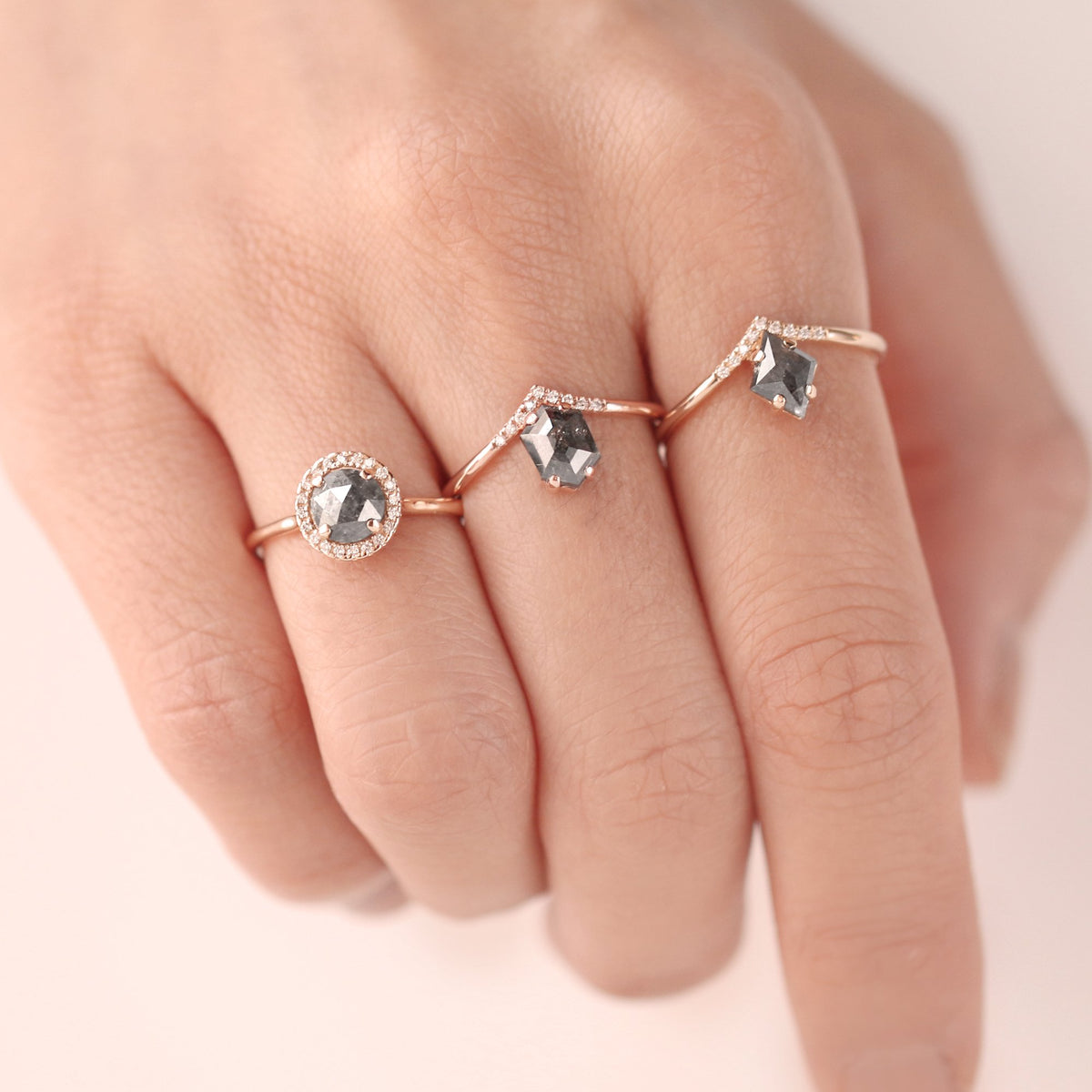 Round Halo Salt and Pepper Diamond Ring by Jamie Park Jewelry